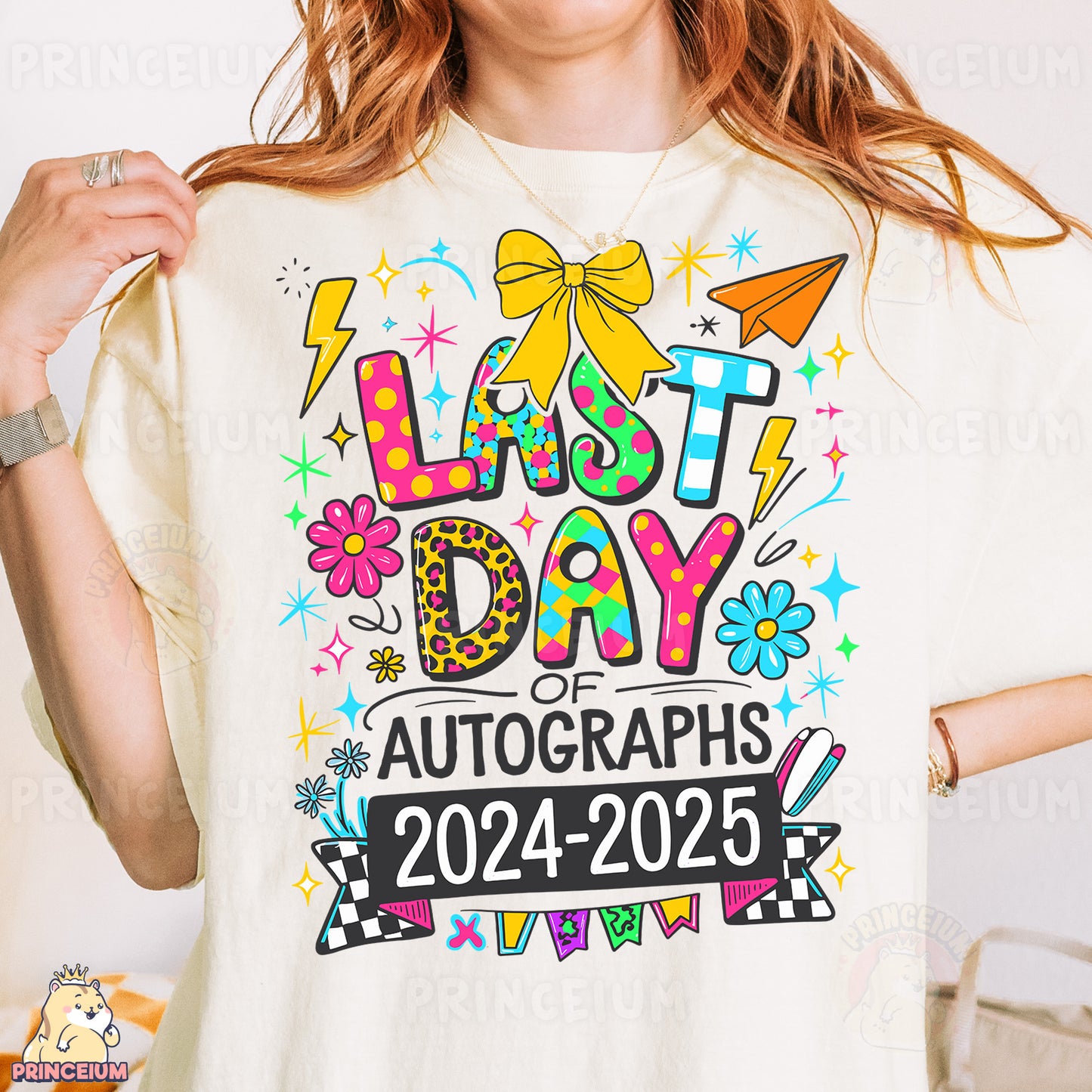 a woman wearing a t - shirt that says last day of autographs