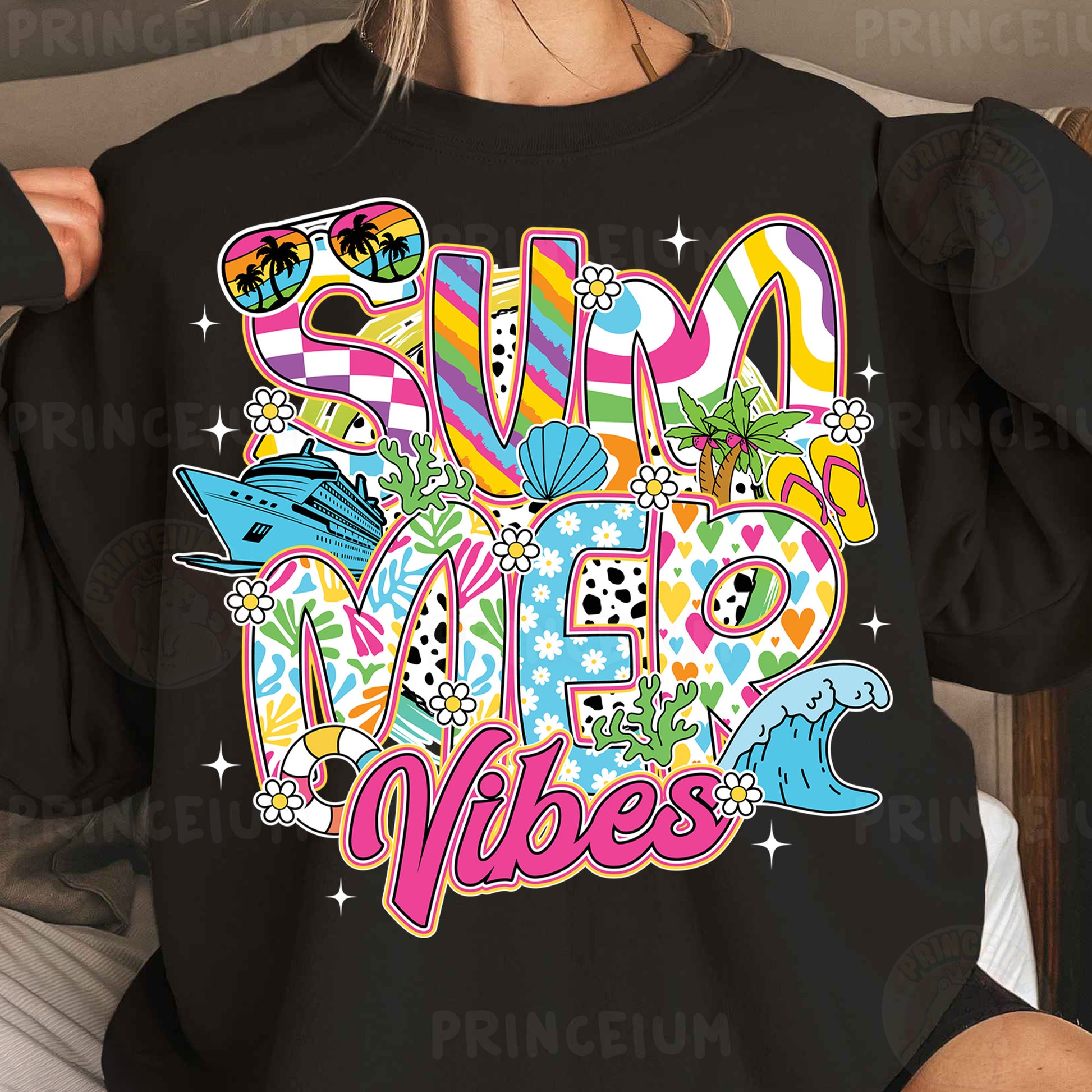 a woman wearing a black shirt with the words summer vibes printed on it