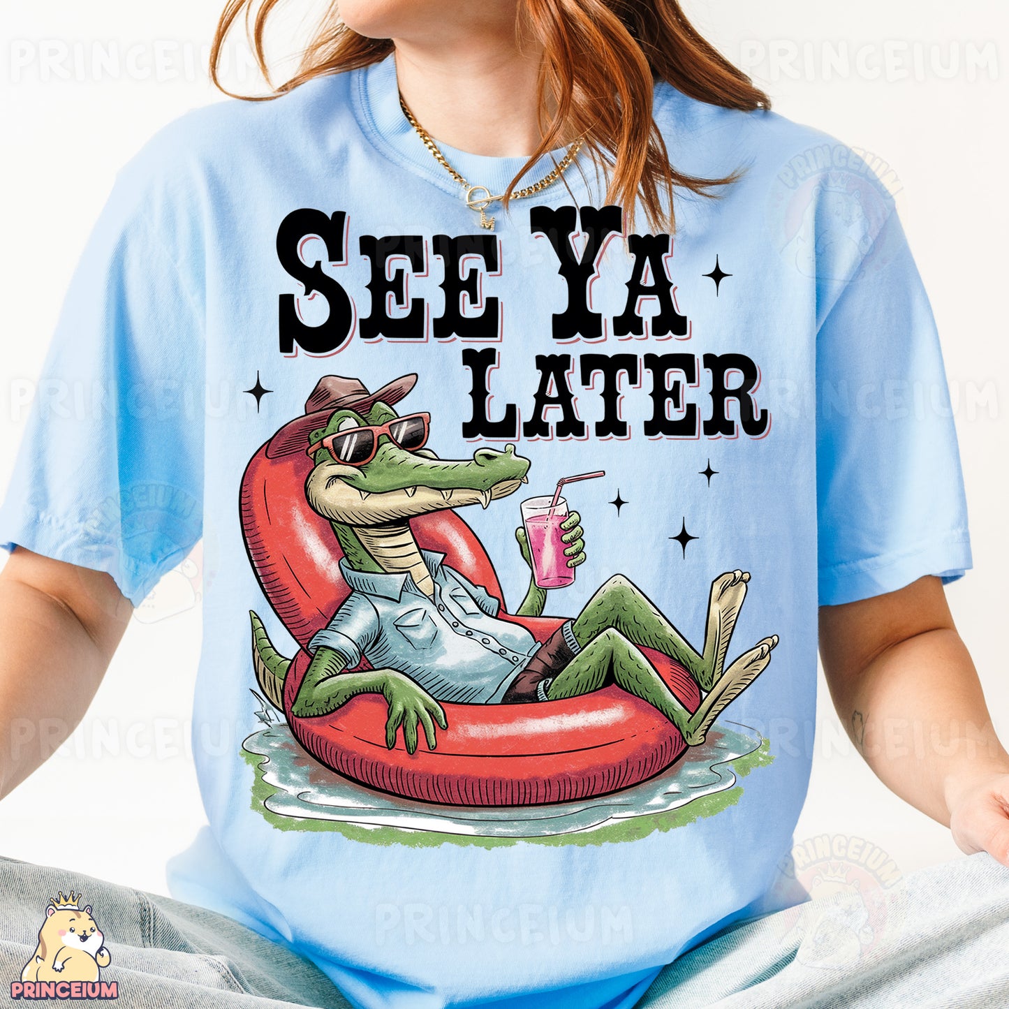 a woman wearing a t - shirt that says see ya later