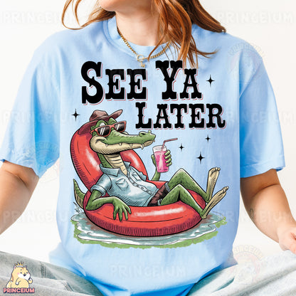 a woman wearing a t - shirt that says see ya later