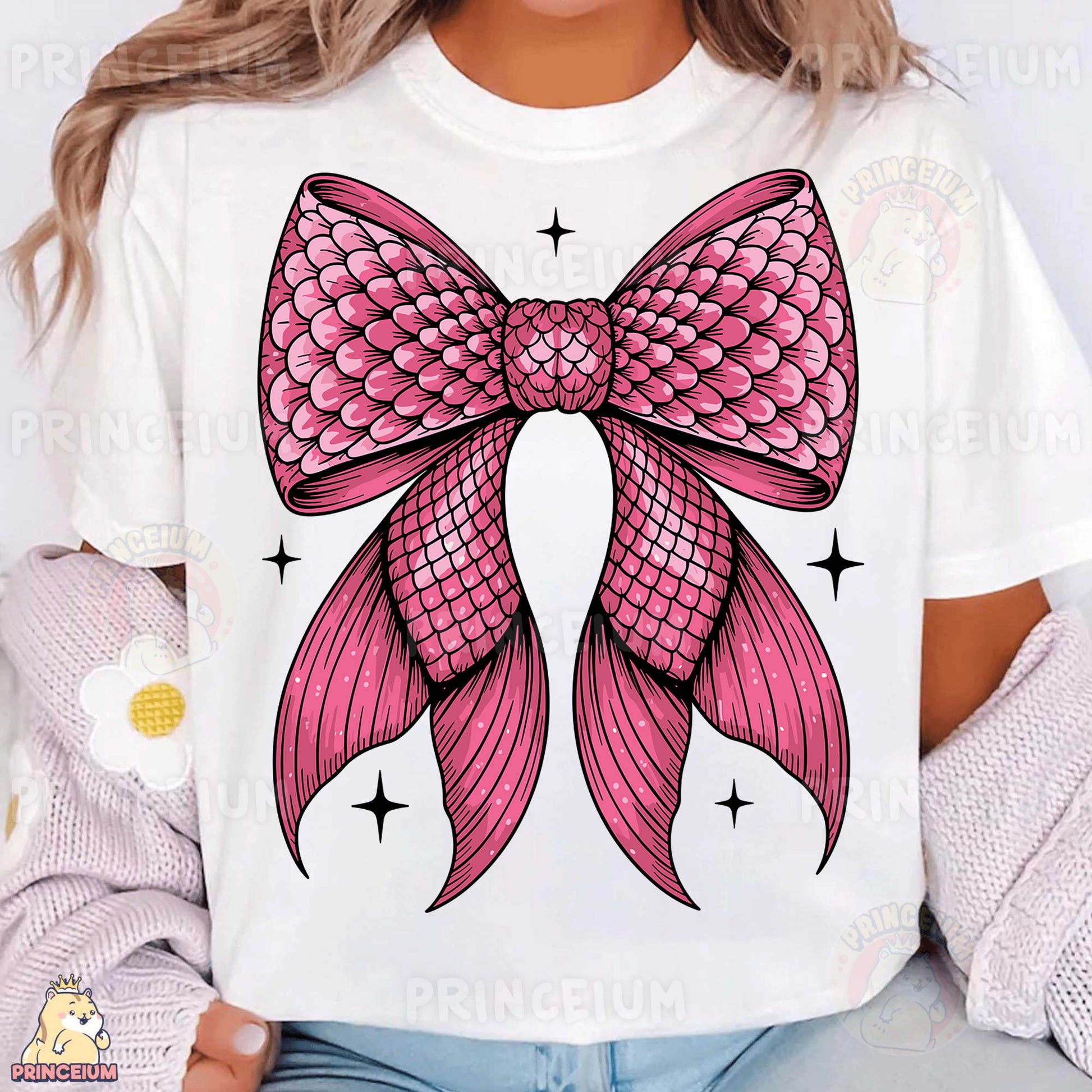 a woman wearing a white shirt with a pink bow on it