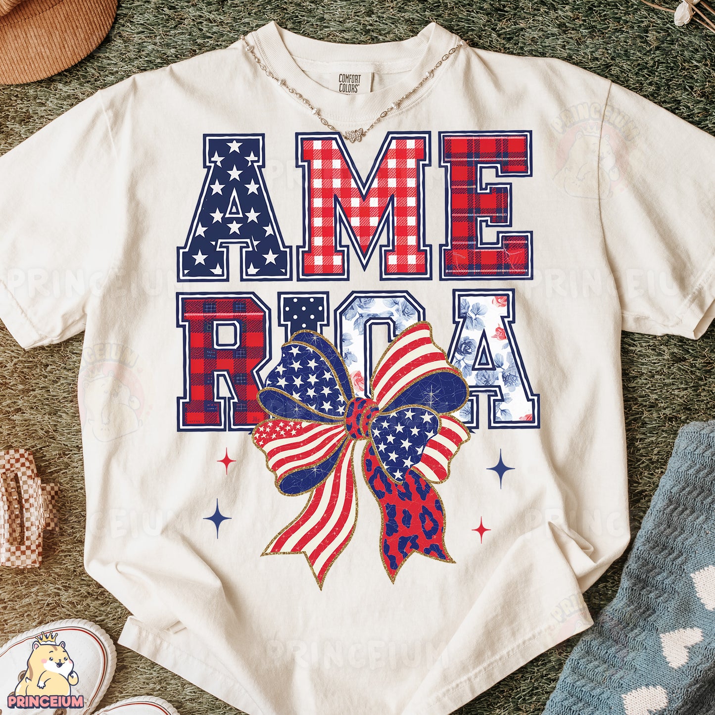 a t - shirt with an american flag bow on it