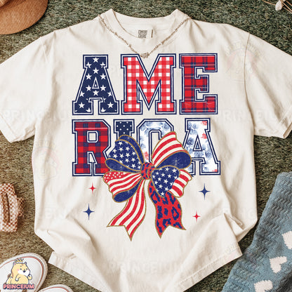 a t - shirt with an american flag bow on it