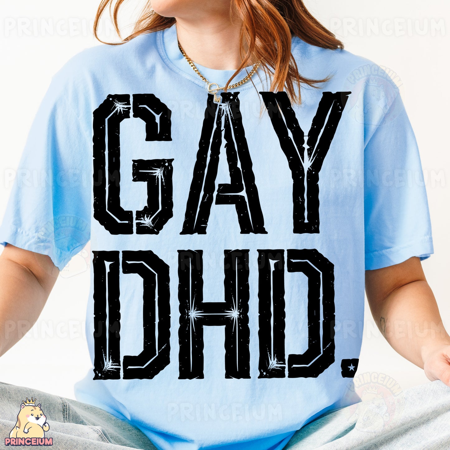 a girl wearing a light blue shirt with the words gay chic printed on it