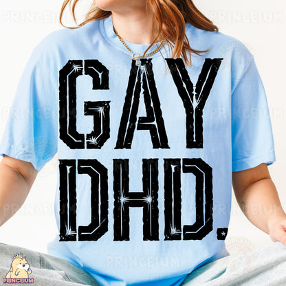 a girl wearing a light blue shirt with the words gay chic printed on it