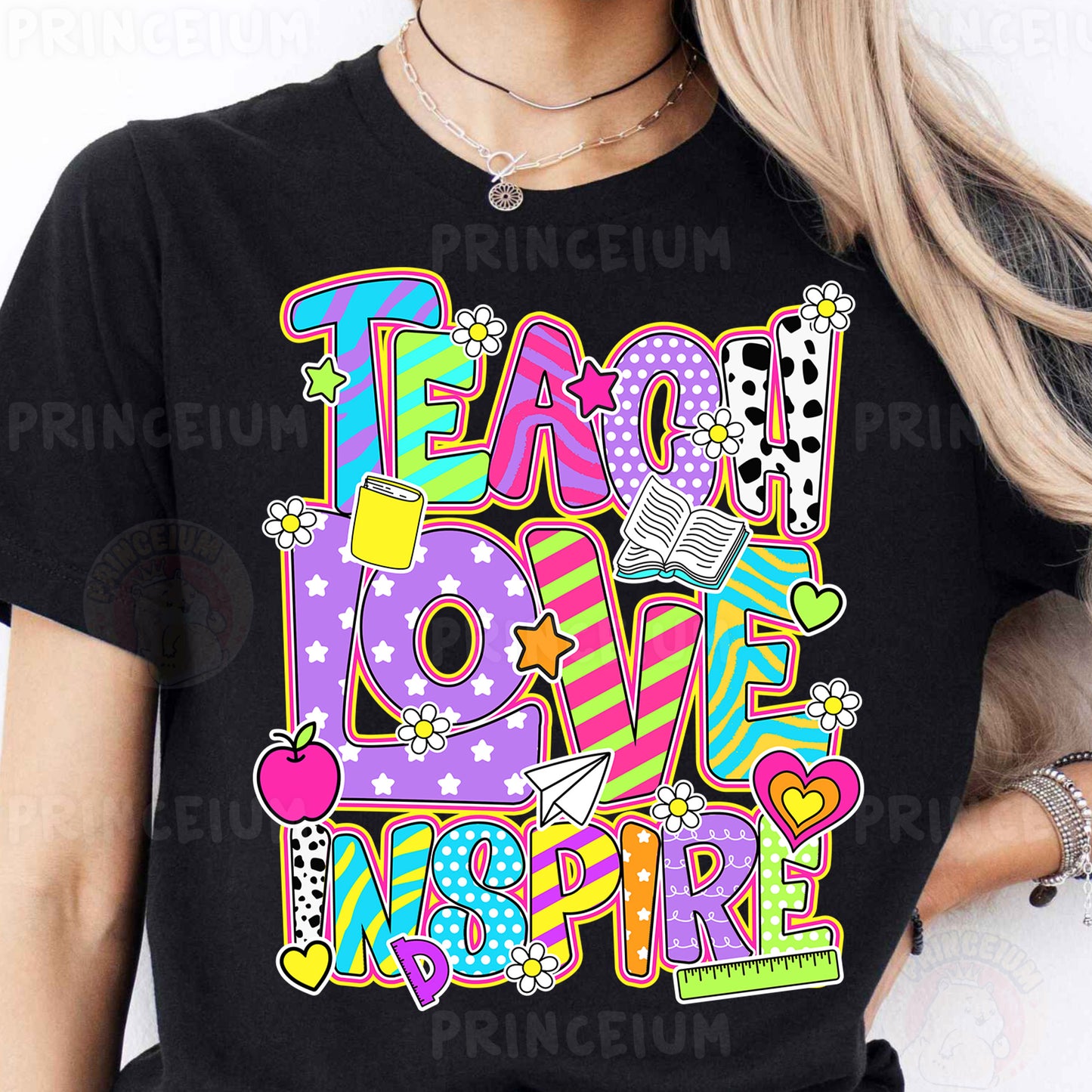 a woman wearing a t - shirt that says peace love inspire