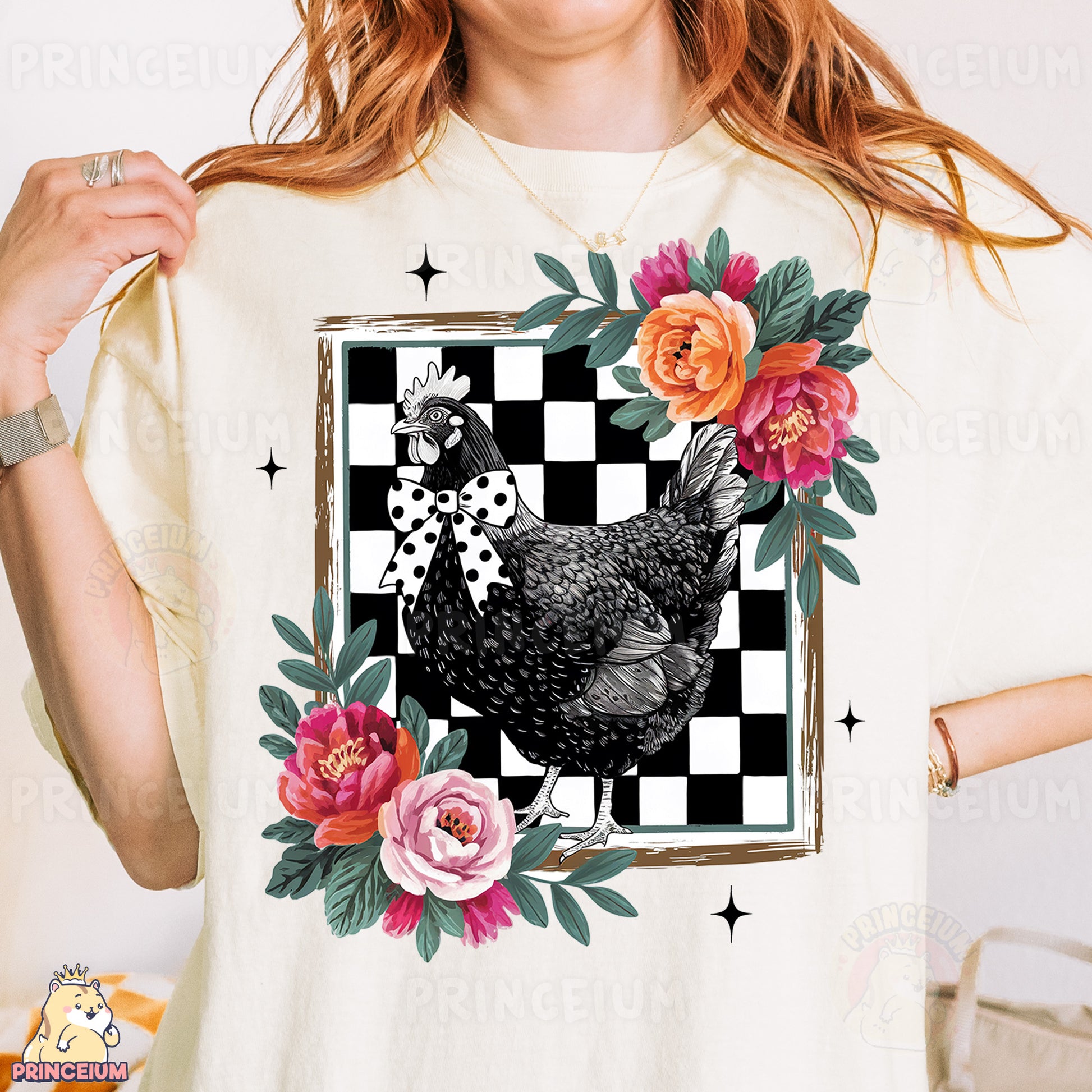 a woman wearing a t - shirt with a chicken on it