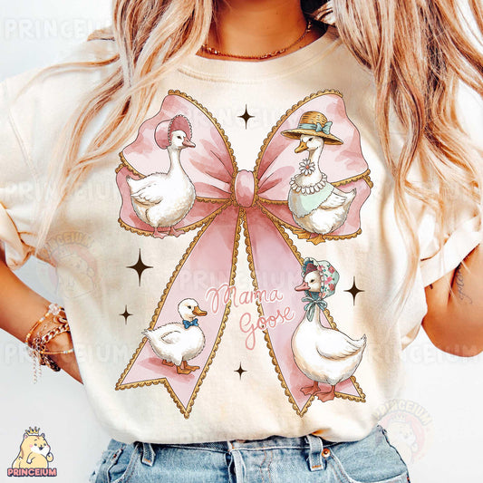 a woman wearing a t - shirt with ducks on it