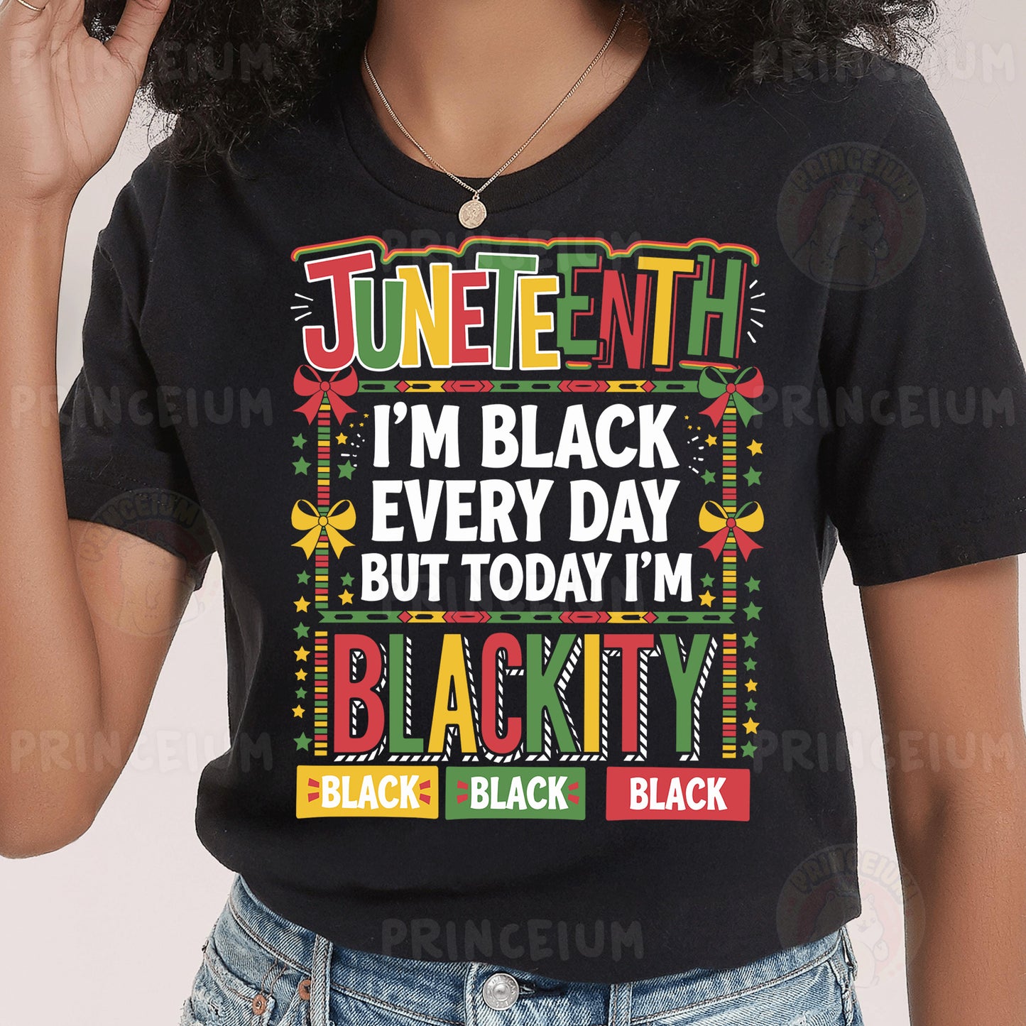 a woman wearing a black t - shirt that says junetee i'm black