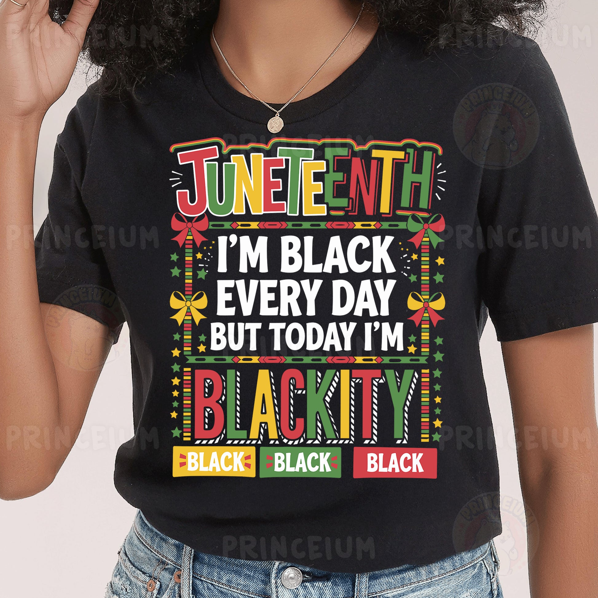 a woman wearing a black t - shirt that says junetee i'm black