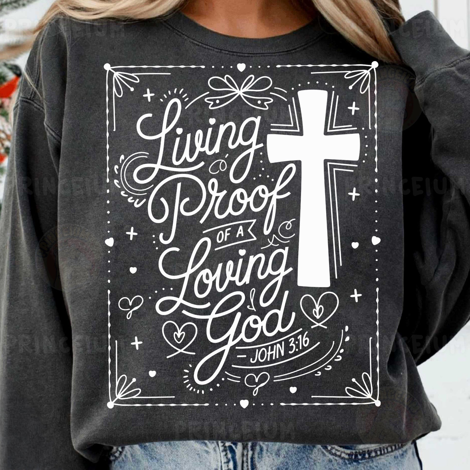 a woman wearing a sweatshirt that says living proof of a loving god