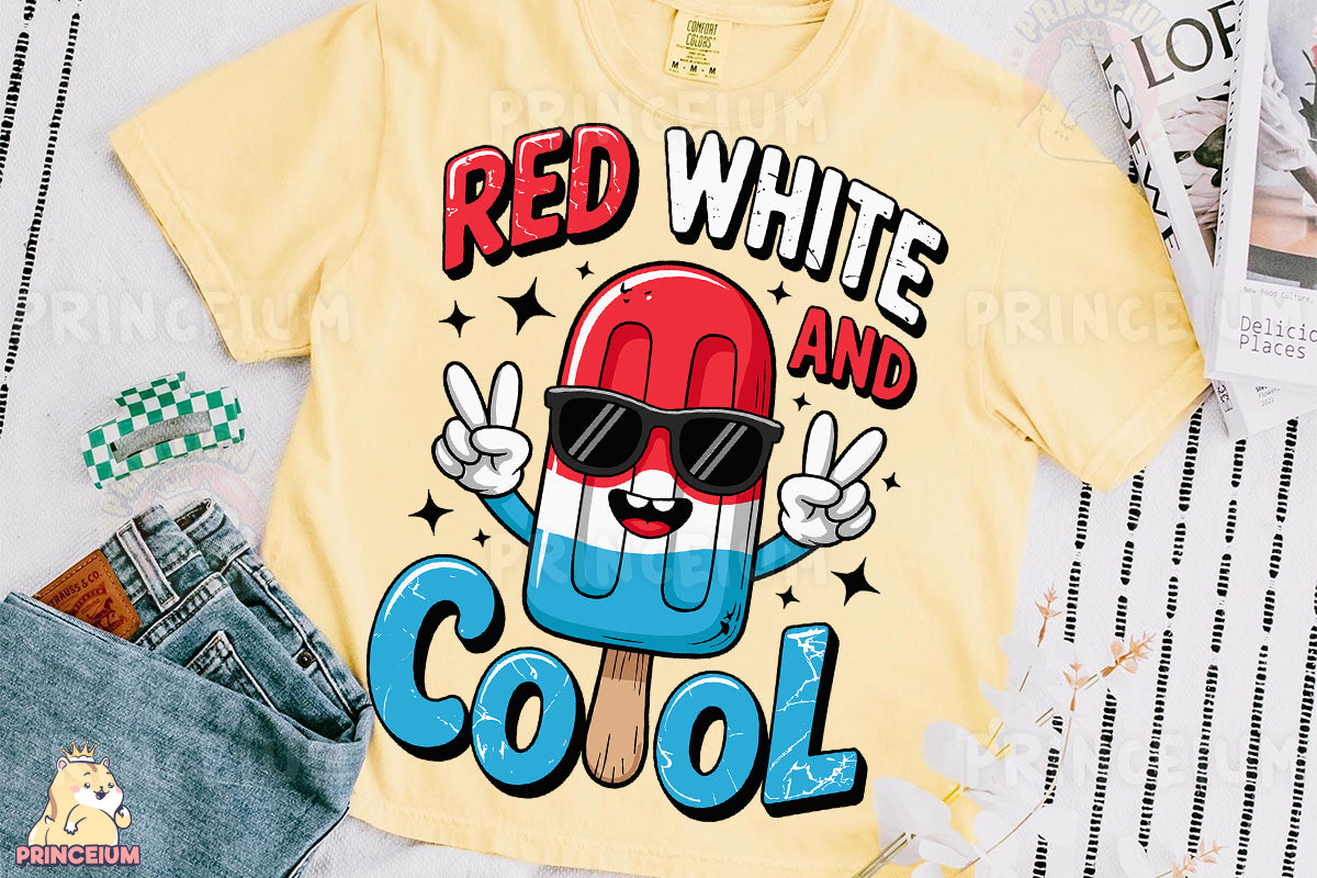 a red, white and blue ice cream t - shirt