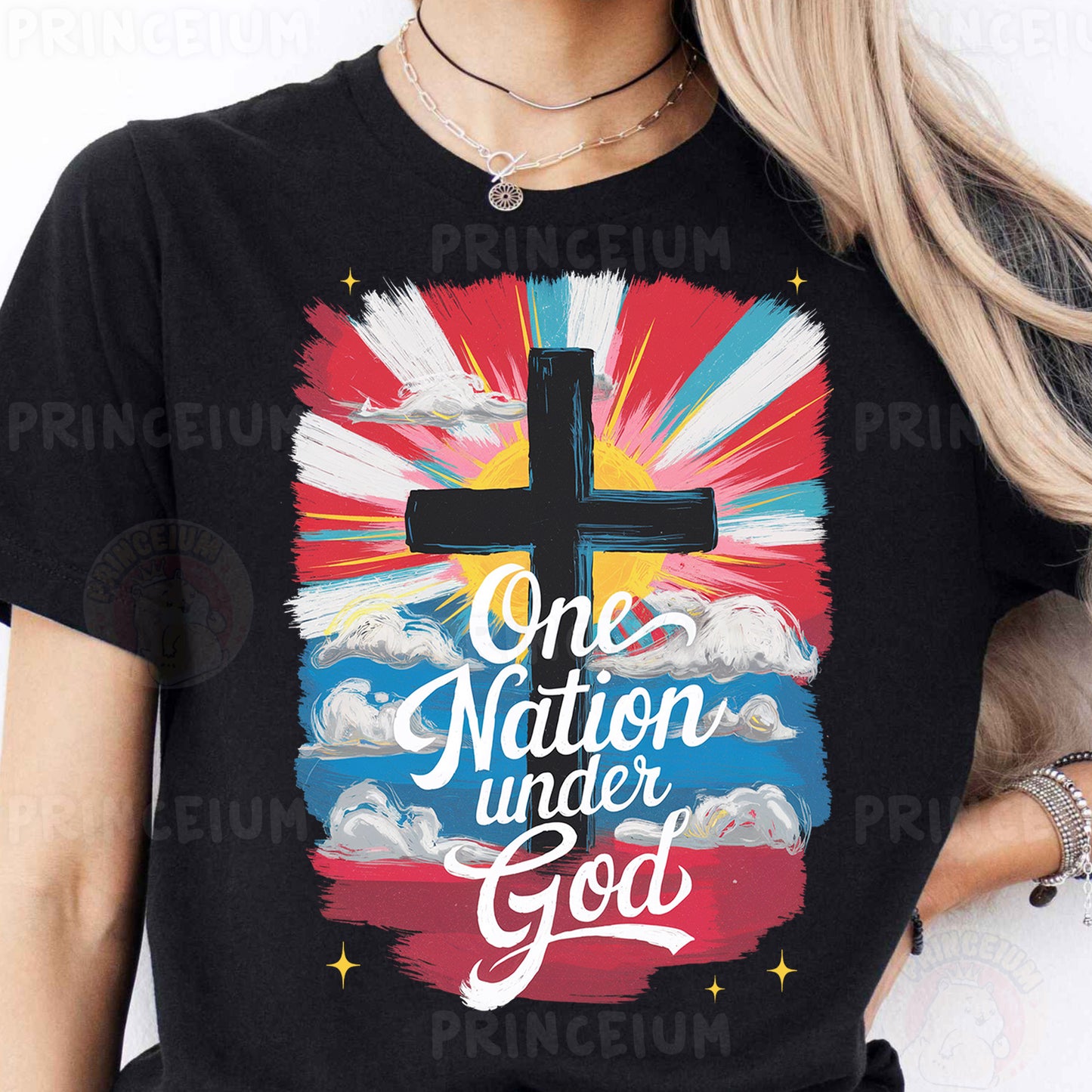 a woman wearing a black t - shirt with a cross on it