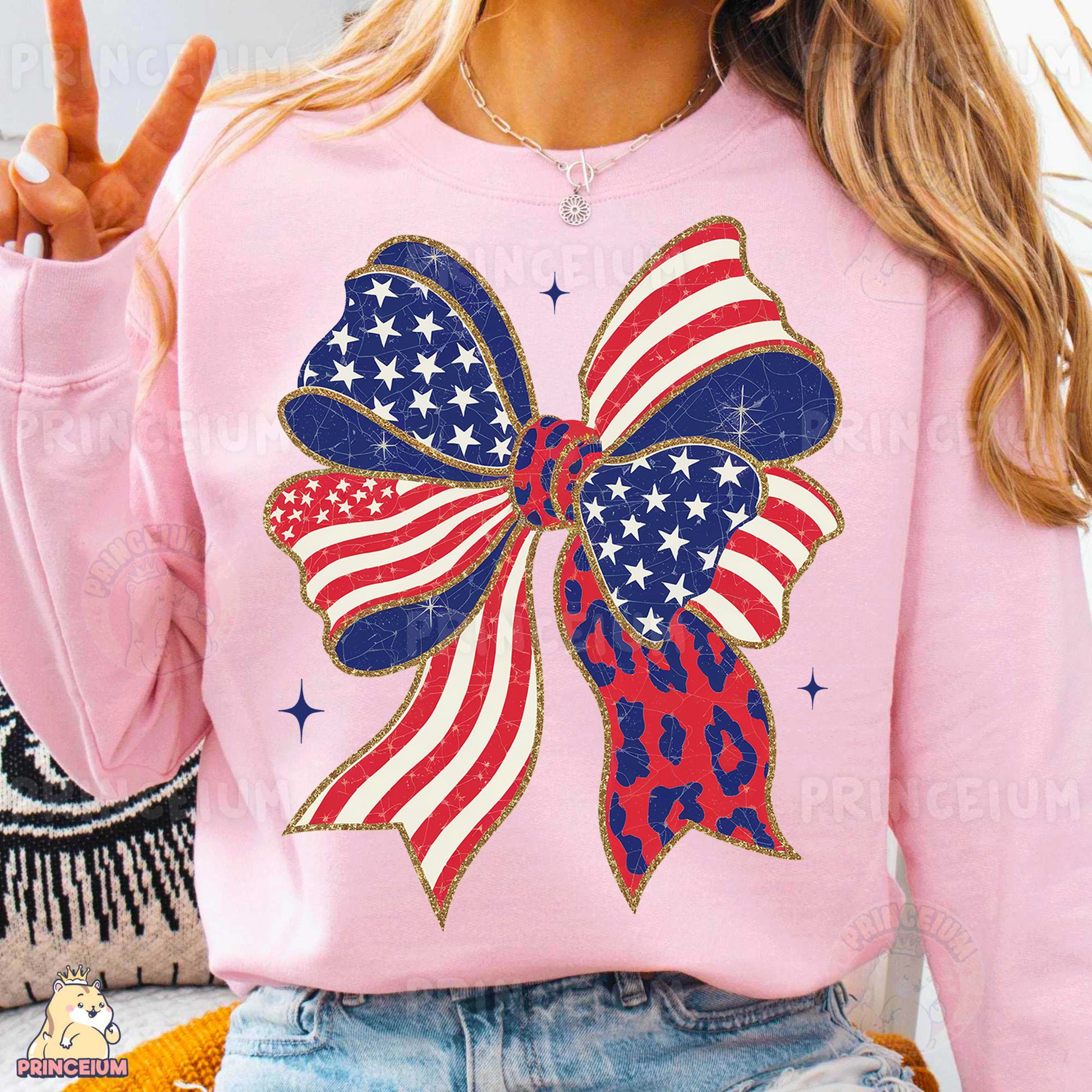 a woman wearing a pink sweater with an american flag bow on it