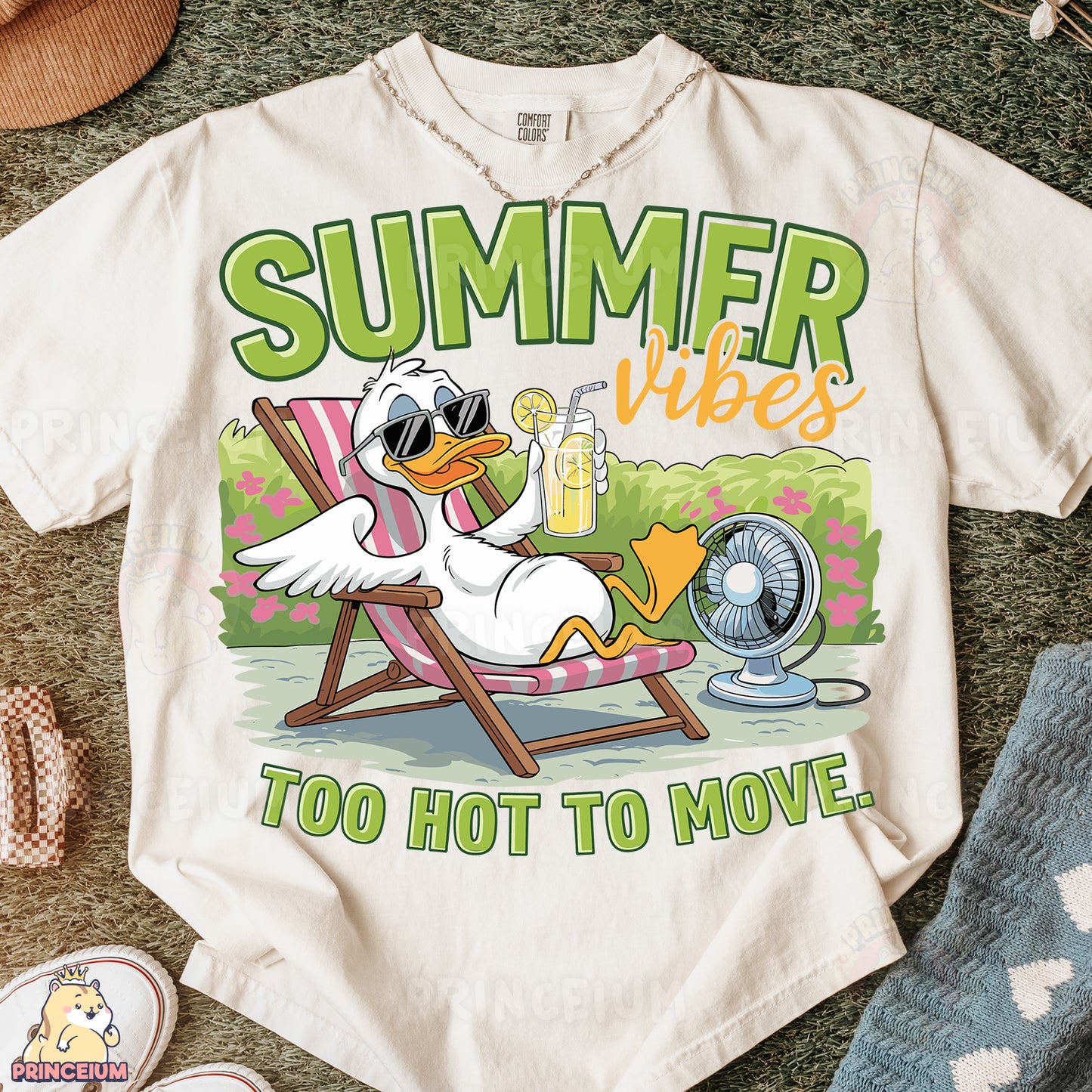 a t - shirt with a duck sitting on a lawn chair drinking a beer