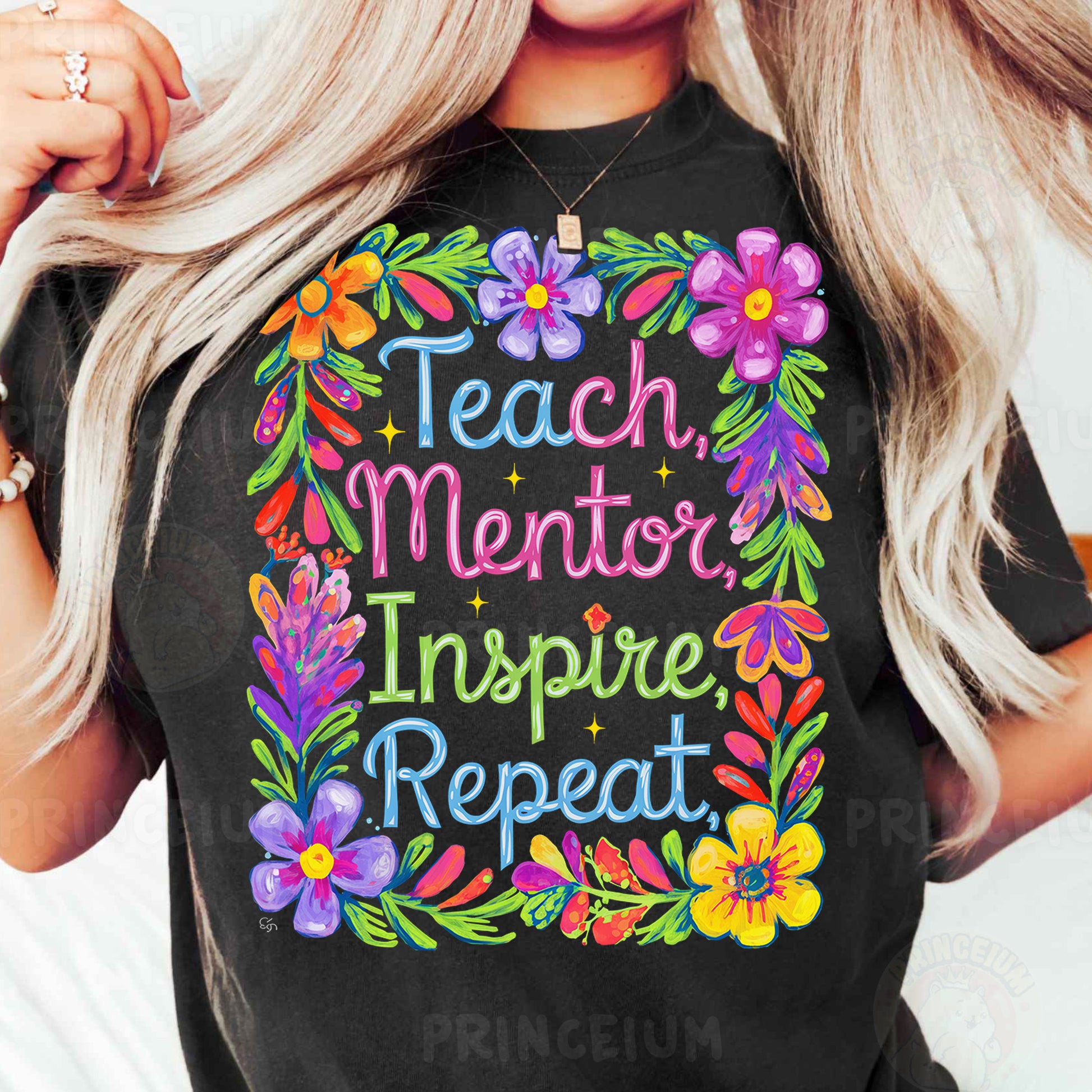 a woman wearing a t - shirt that says teach mentor inspire repeat