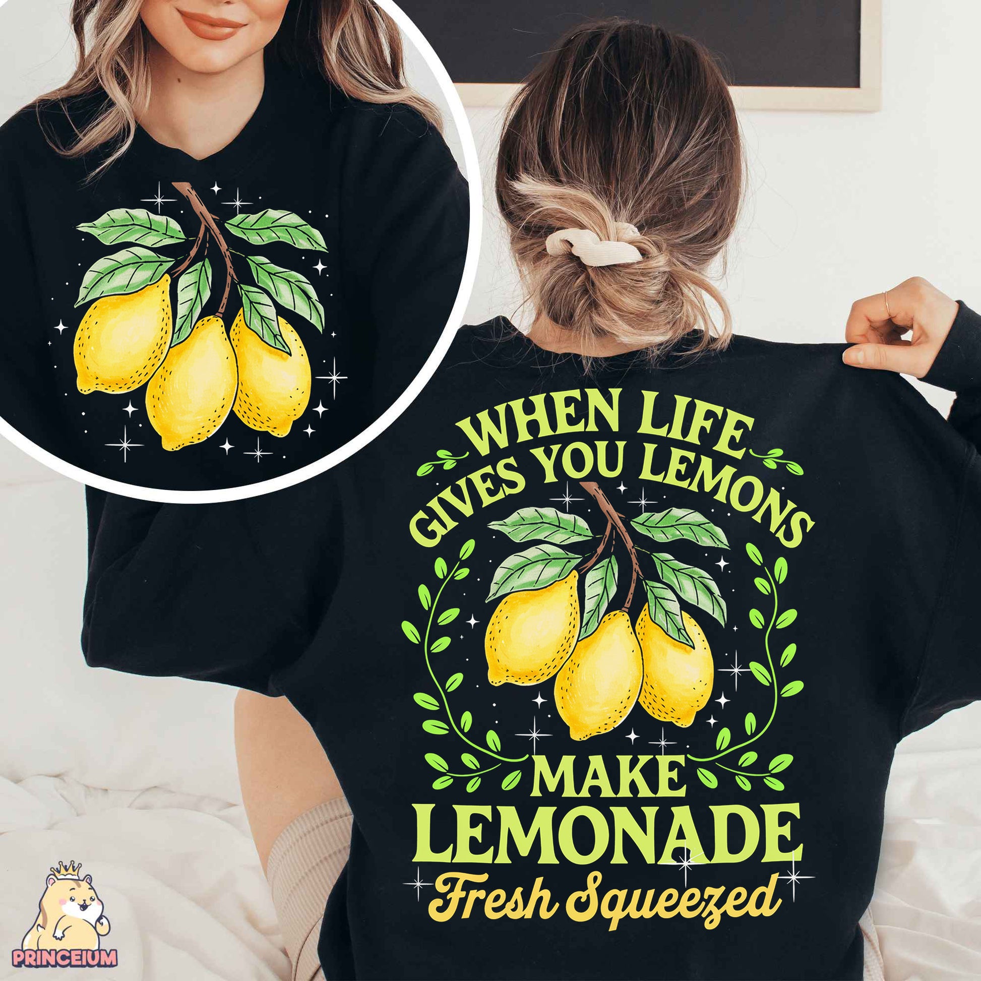 a woman wearing a black shirt with lemons on it