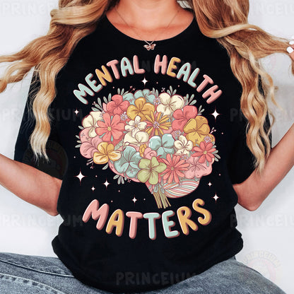 a woman wearing a t - shirt that says mental health matters