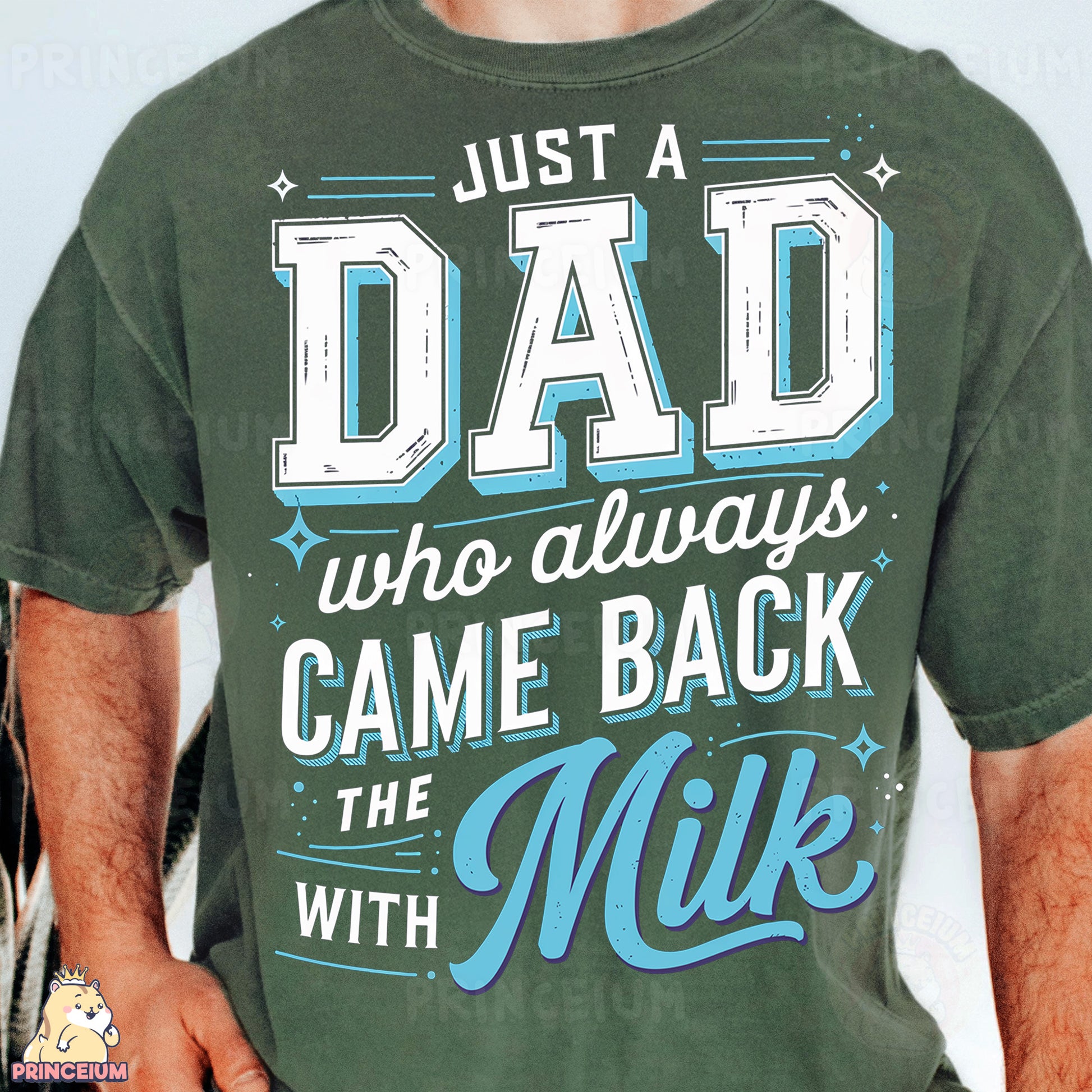 a man wearing a t - shirt that says just a dad who always came back