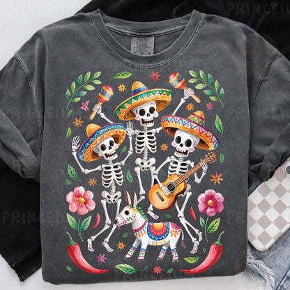 a couple of skeletons wearing sombreros playing guitar