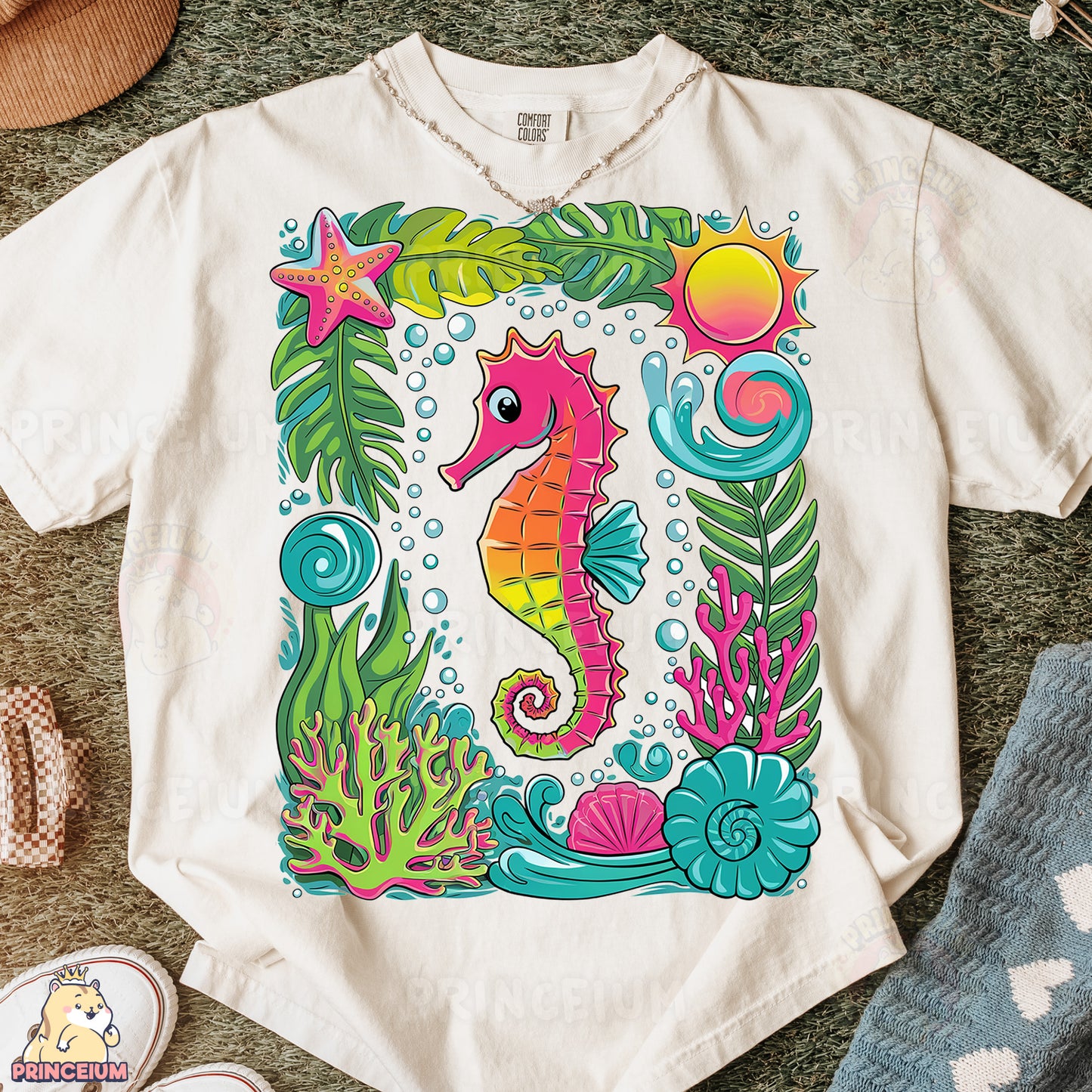 a t - shirt with a picture of a sea horse on it
