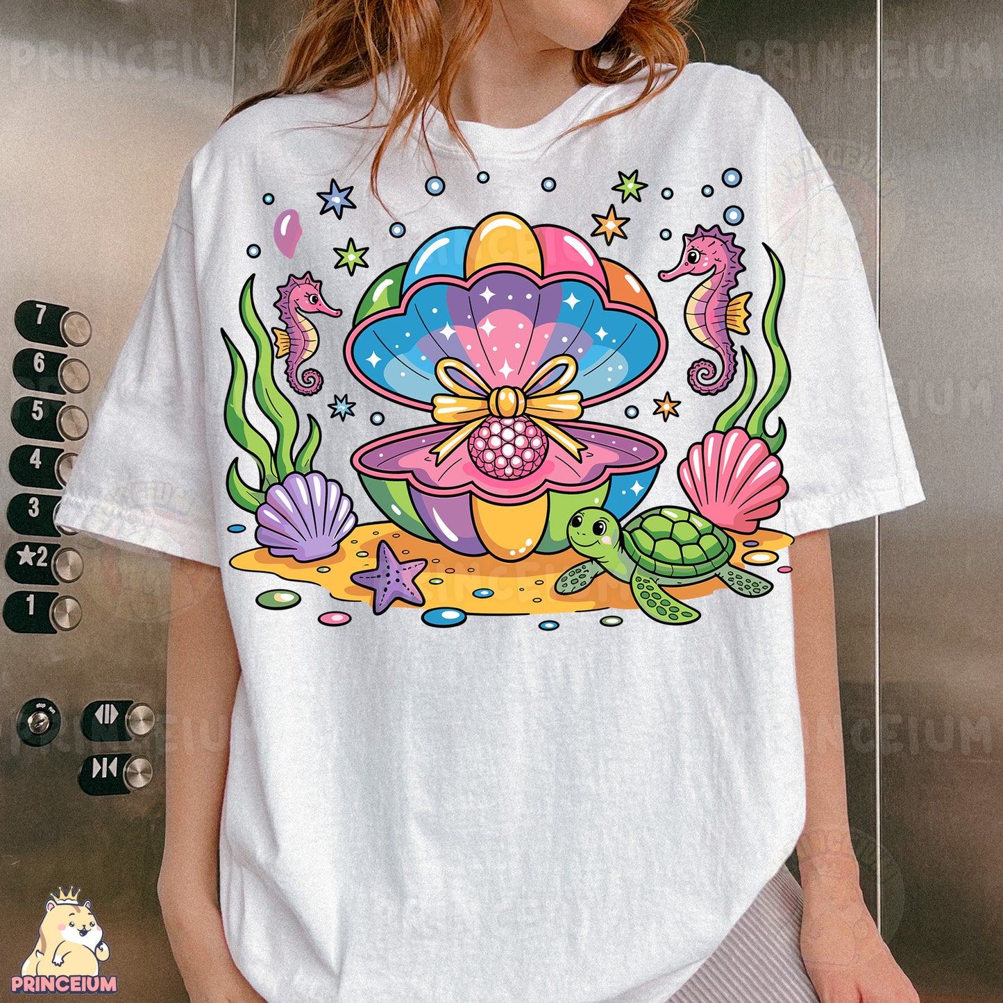 a woman wearing a t - shirt with an image of a turtle on it