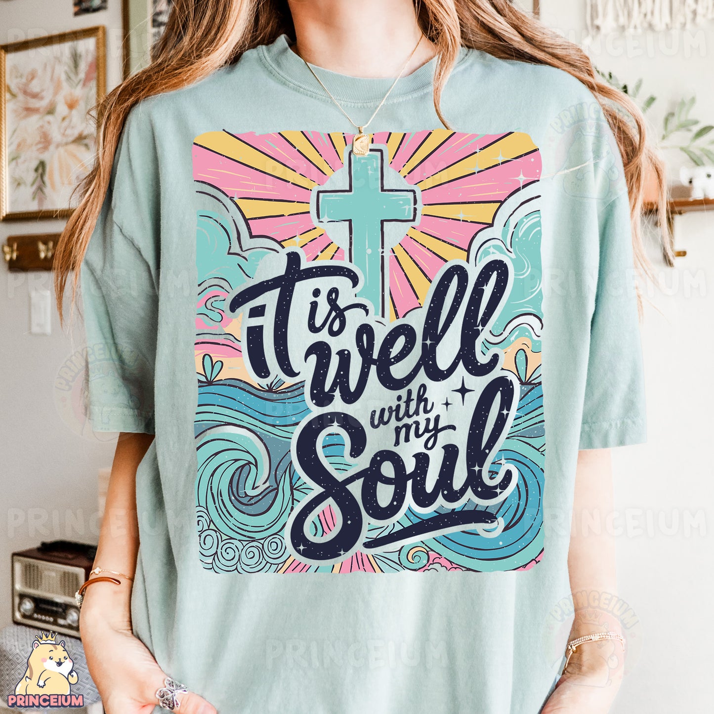 a woman wearing a t - shirt with a cross on it