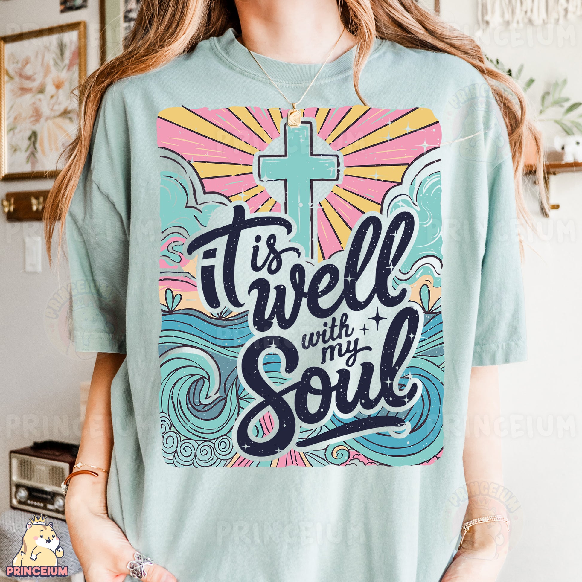 a woman wearing a t - shirt with a cross on it