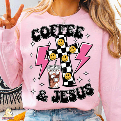 a woman wearing a pink sweatshirt with coffee and jesus on it