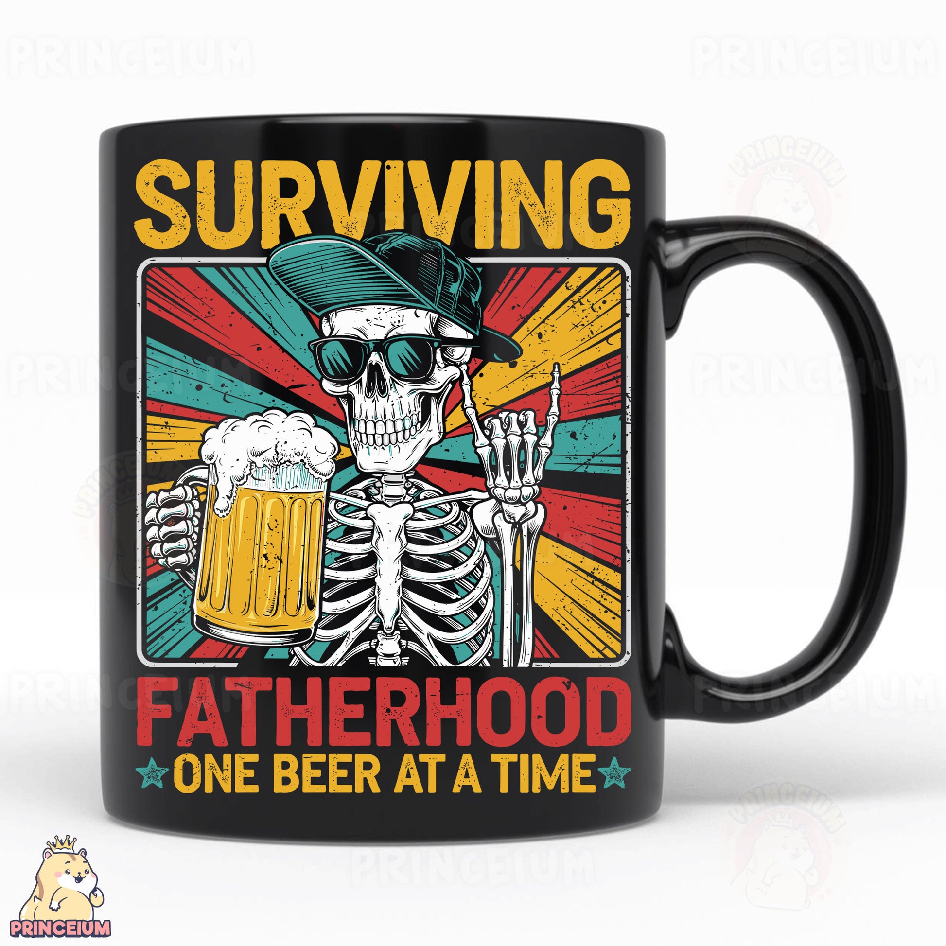 a black coffee mug with a skeleton holding a beer
