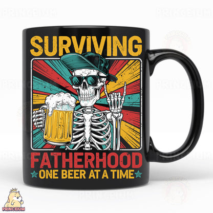 a black coffee mug with a skeleton holding a beer
