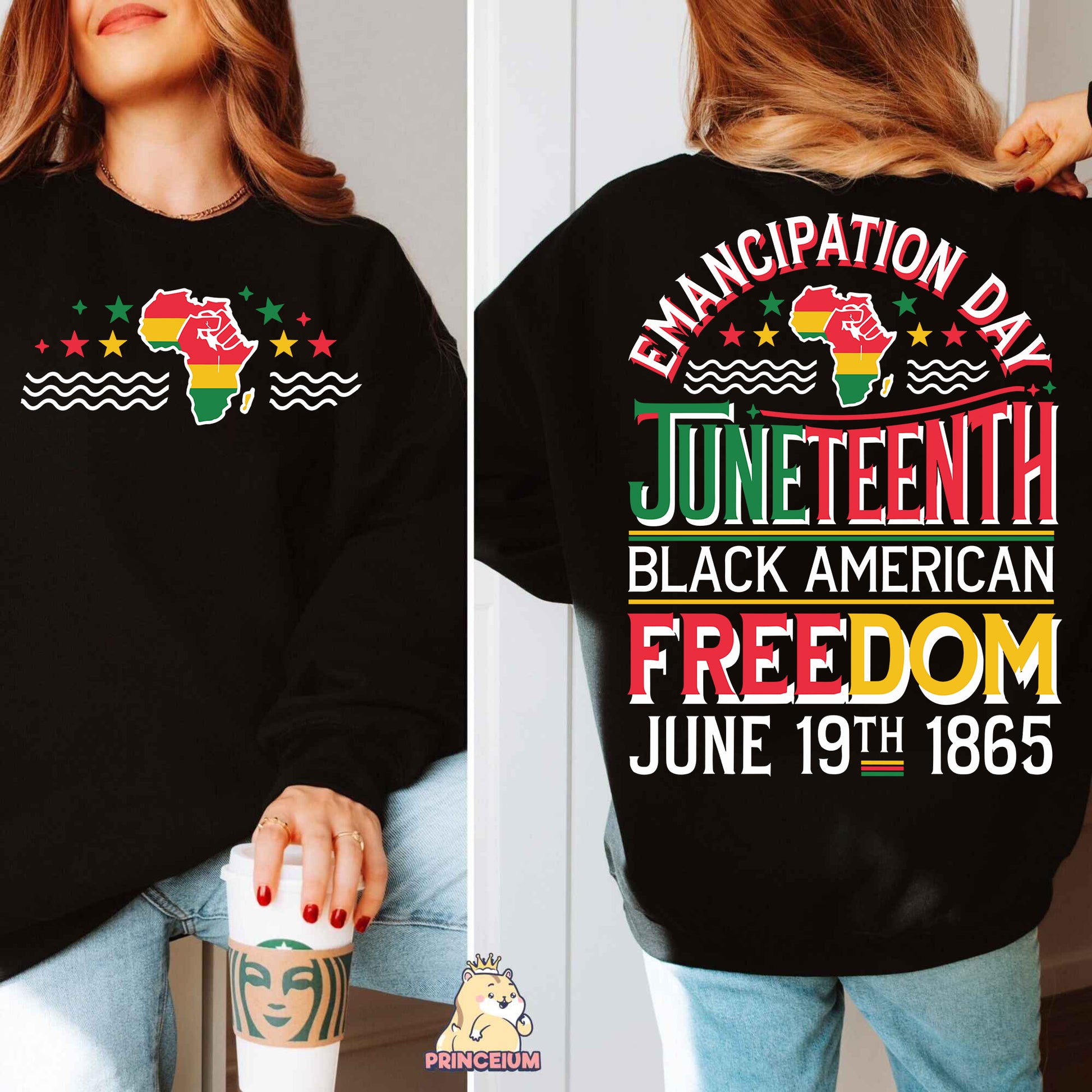 a woman wearing a black sweatshirt with a cup of coffee