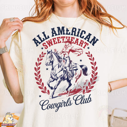 a woman wearing a t - shirt that says all american sweethearts club