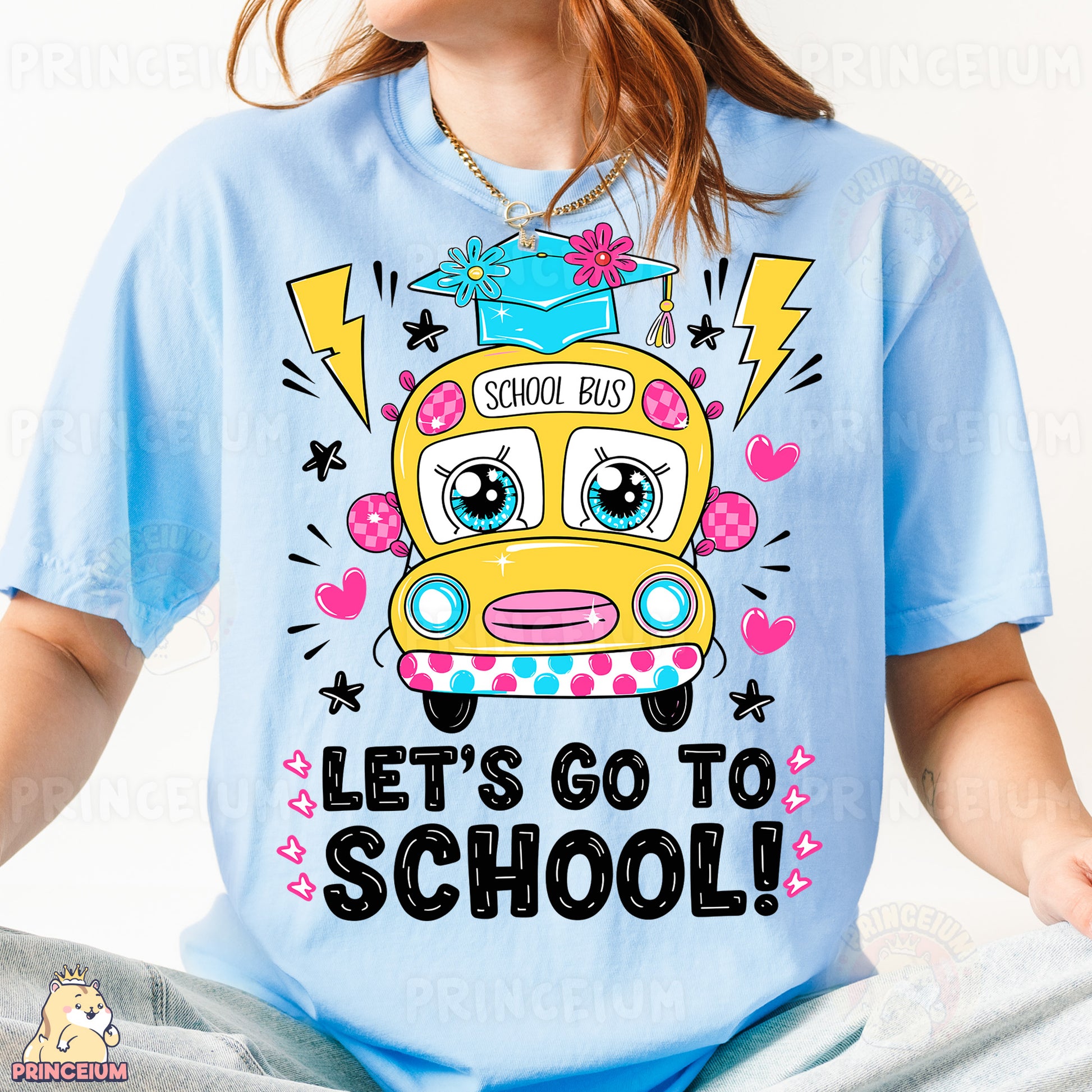 a young girl wearing a school bus shirt