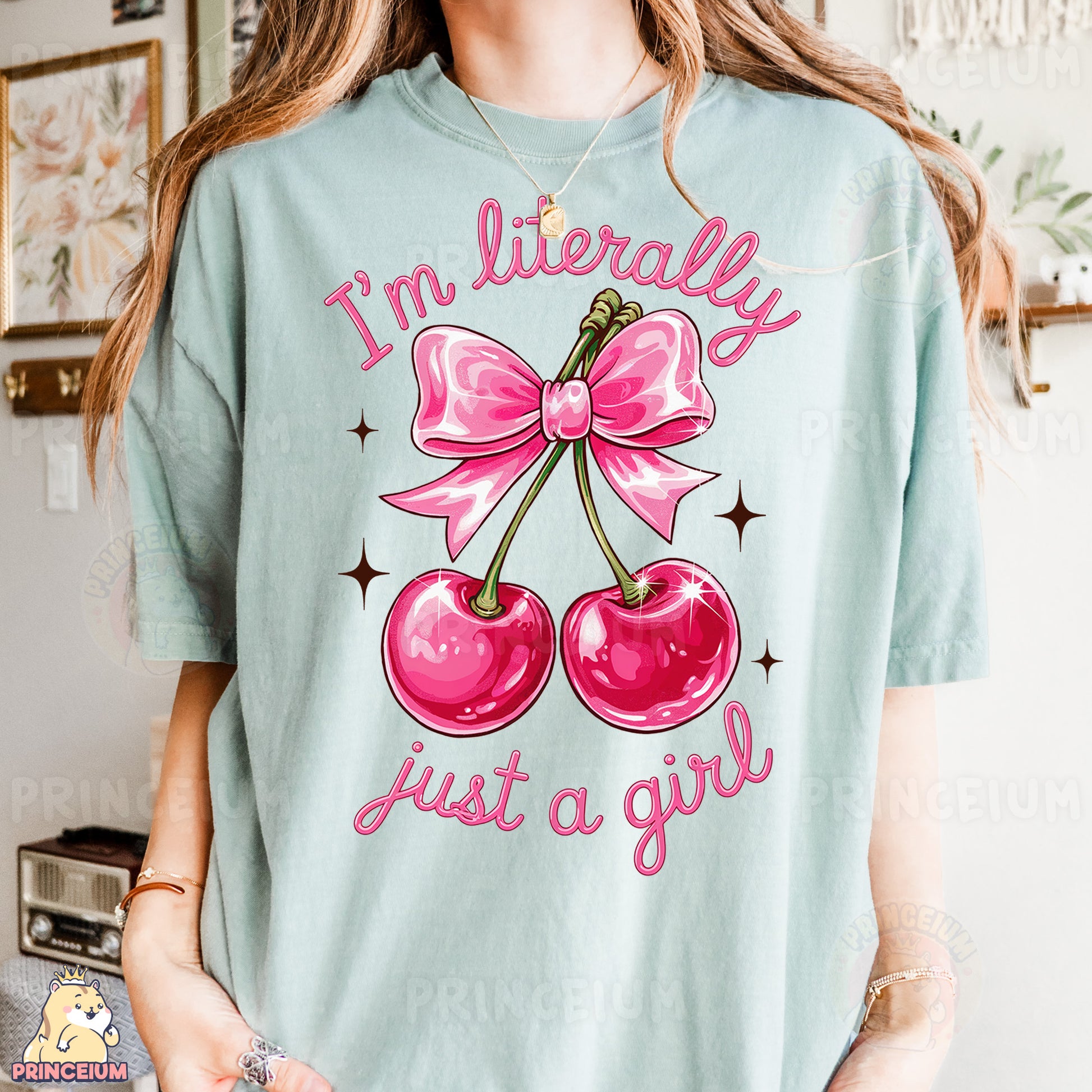 a woman wearing a t - shirt that says i'm literally just a girl