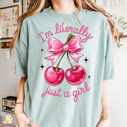 a woman wearing a t - shirt that says i'm literally just a girl