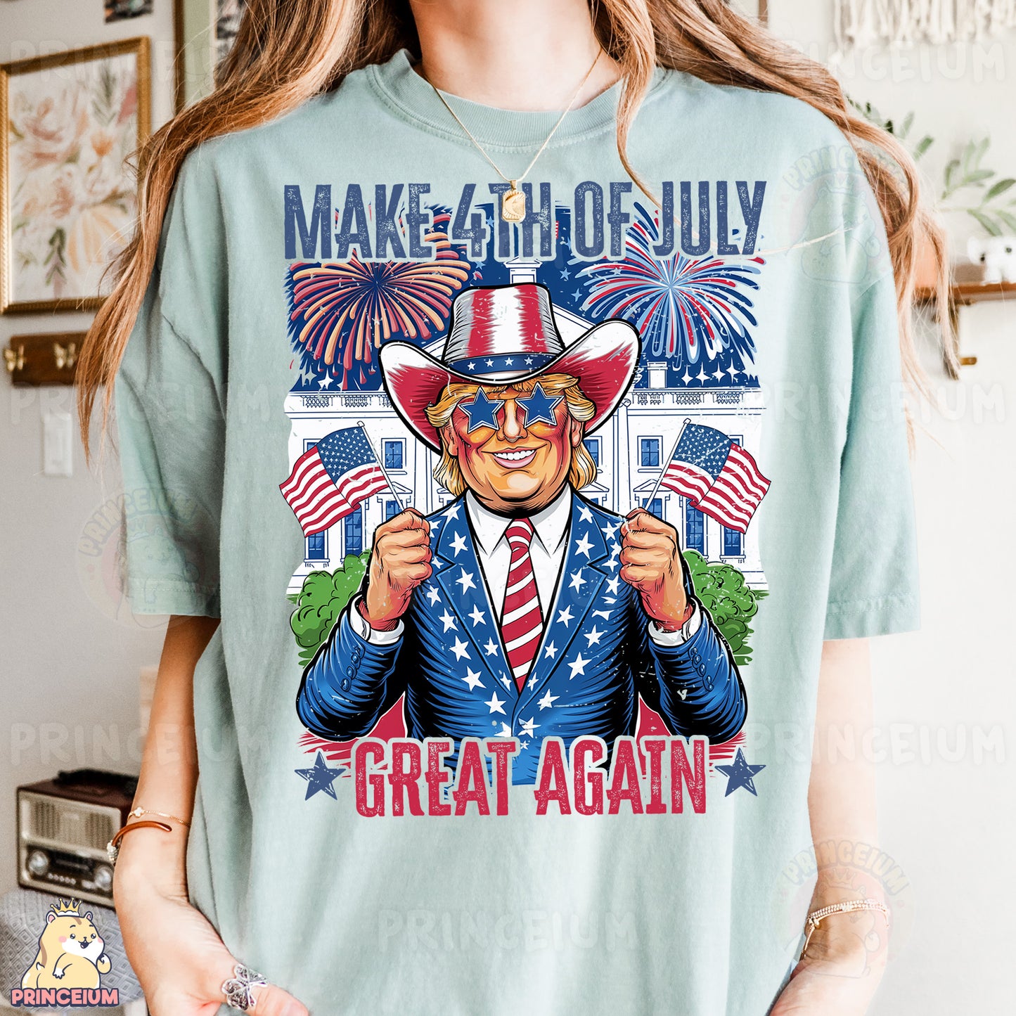 a woman wearing a t - shirt with a political image on it
