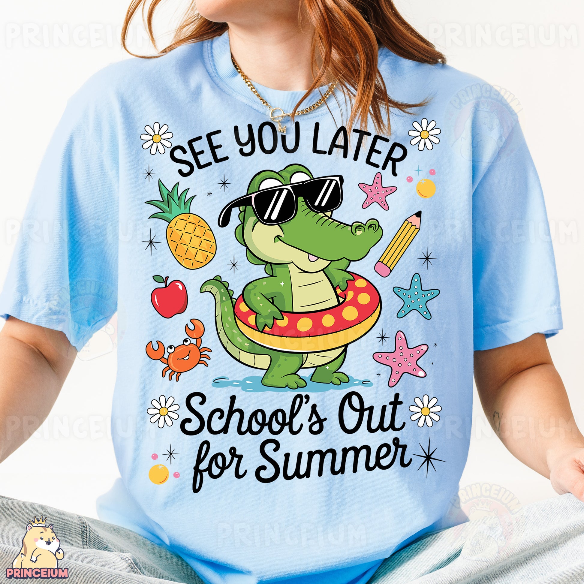a girl wearing a t - shirt that says see you later school's out