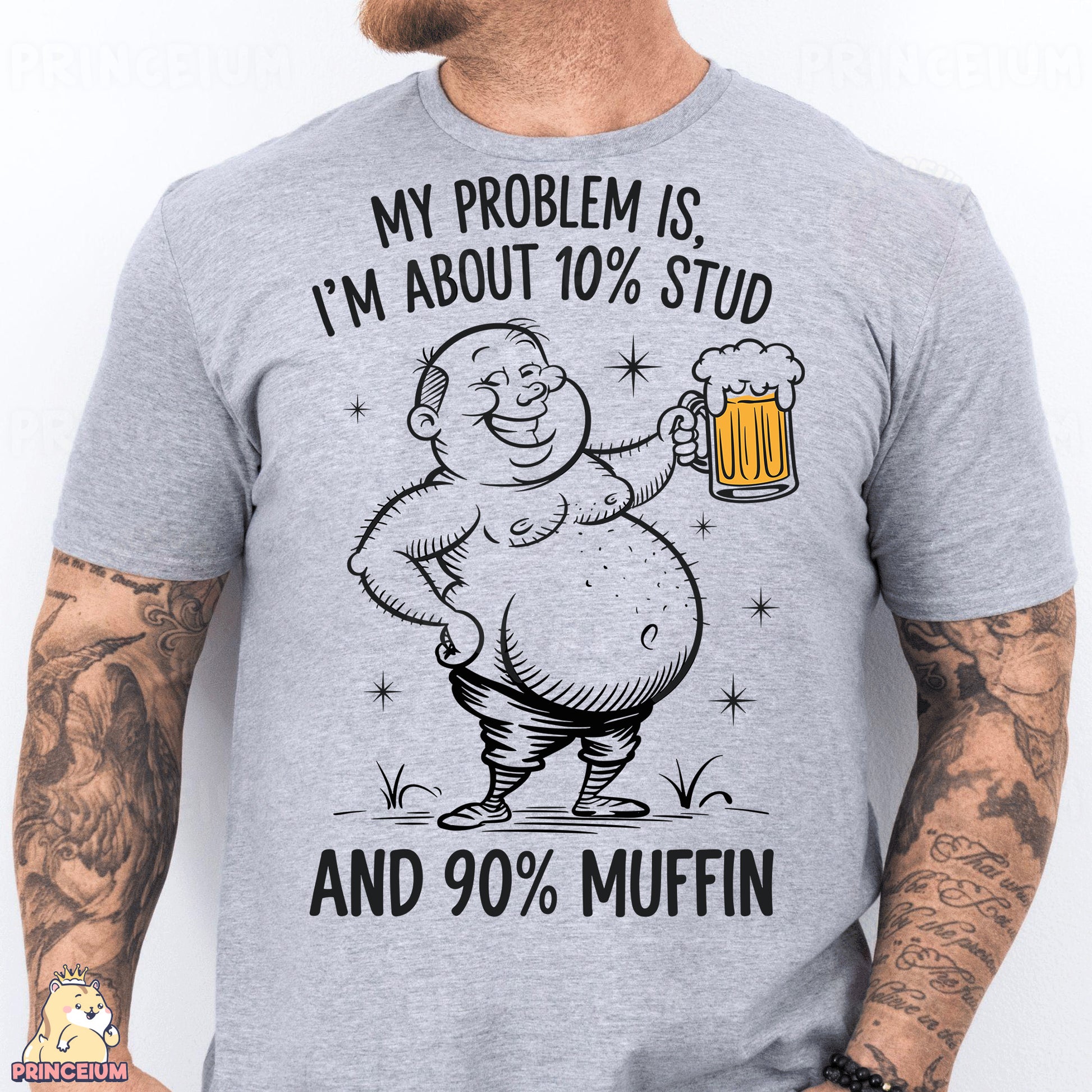 a man holding a mug of beer wearing a shirt that says, my problem is