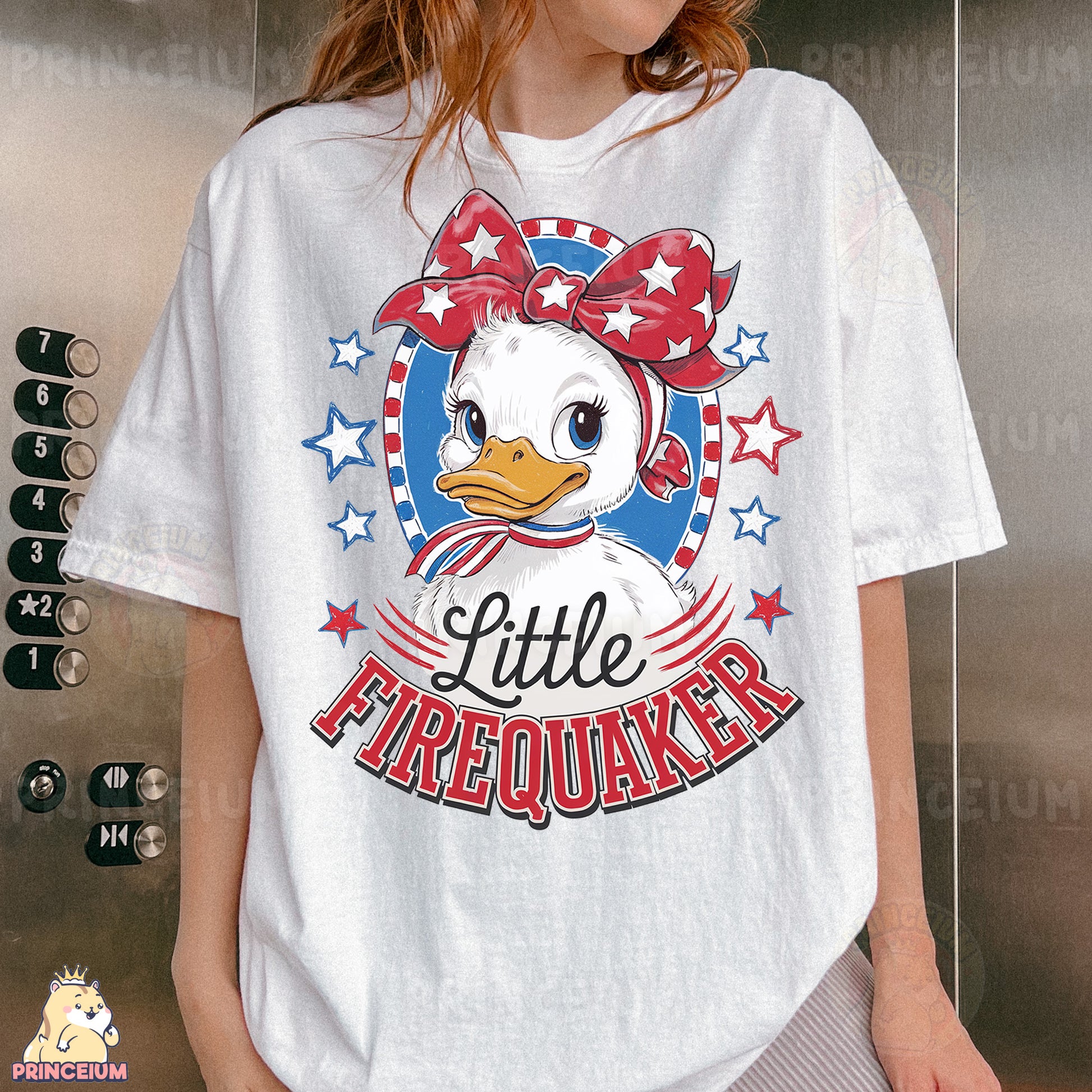 a woman wearing a t - shirt with a picture of a duck on it