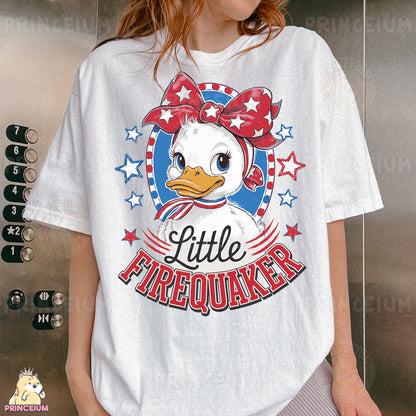 a woman wearing a t - shirt with a picture of a duck on it
