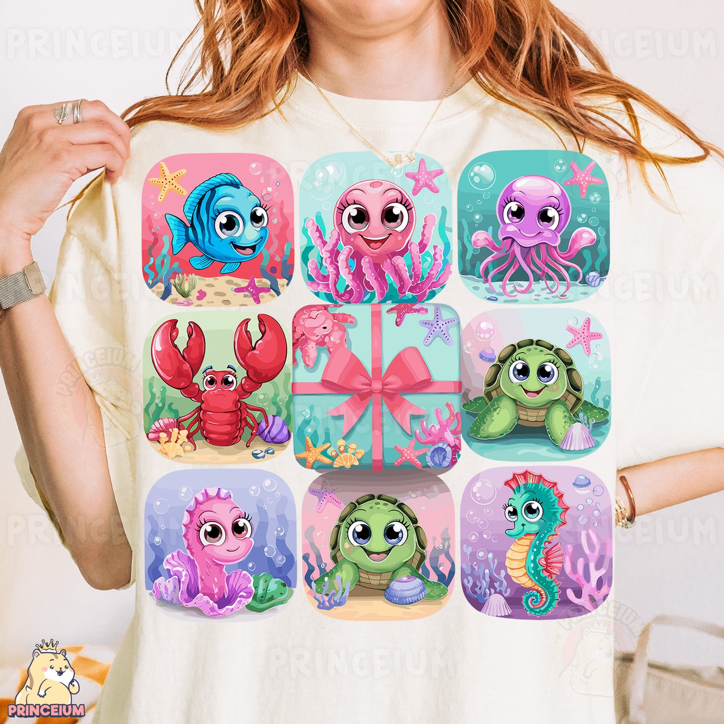 a woman wearing a t - shirt with a picture of different sea animals on it