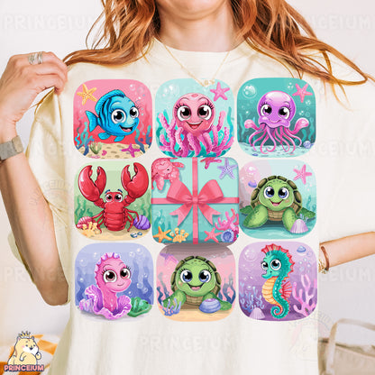 a woman wearing a t - shirt with a picture of different sea animals on it
