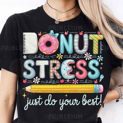 a woman wearing a donut stress t - shirt