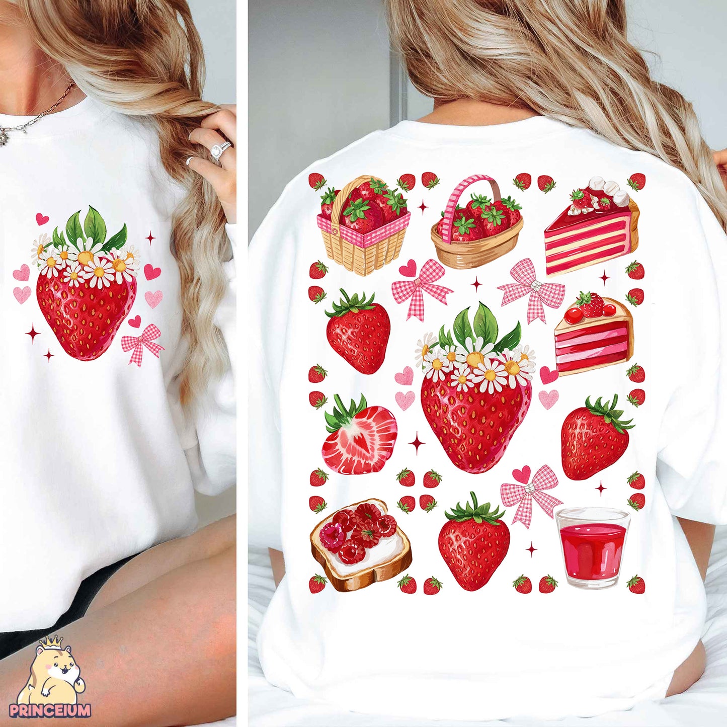 a woman wearing a white shirt with strawberries on it