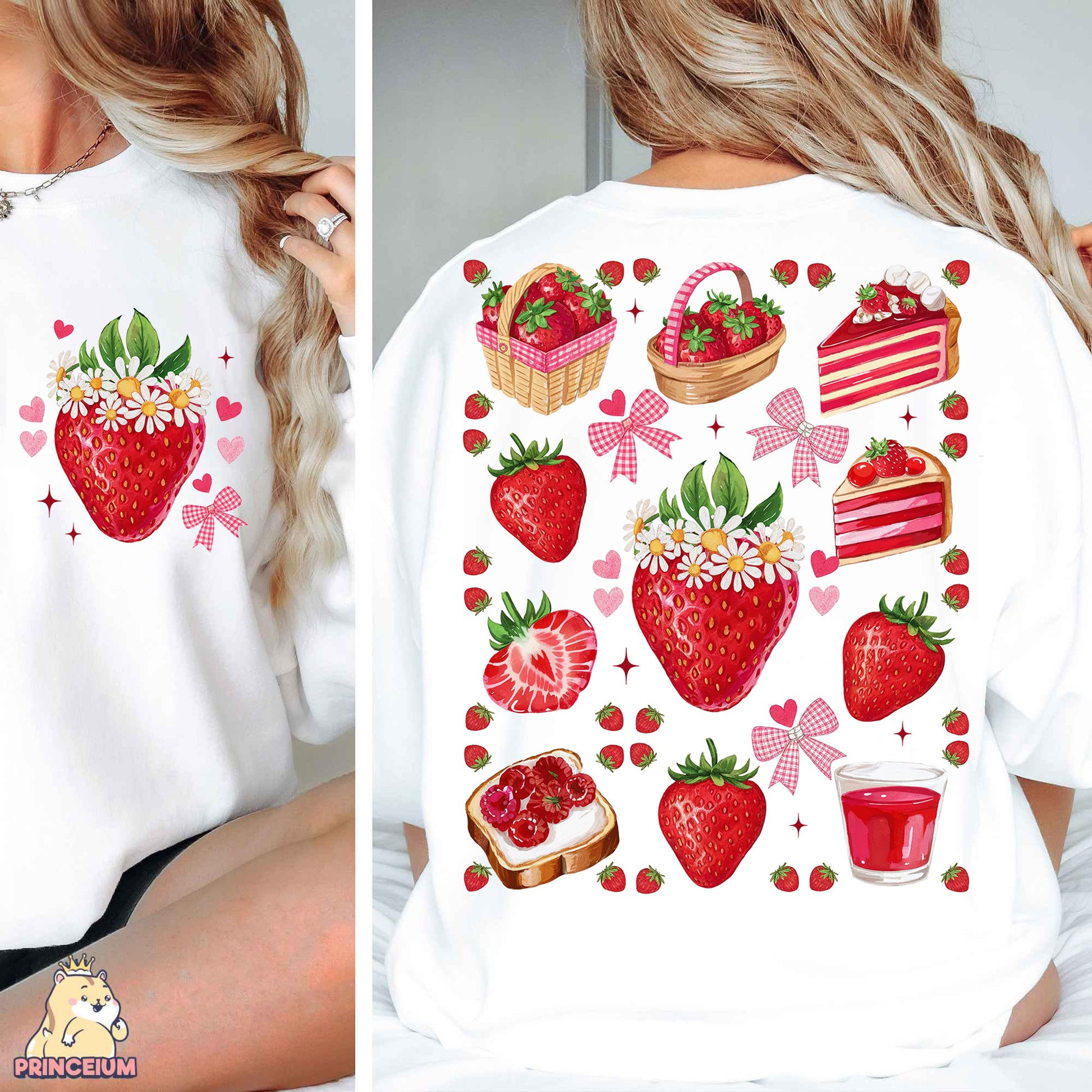 a woman wearing a white shirt with strawberries on it