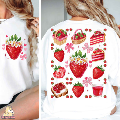 a woman wearing a white shirt with strawberries on it