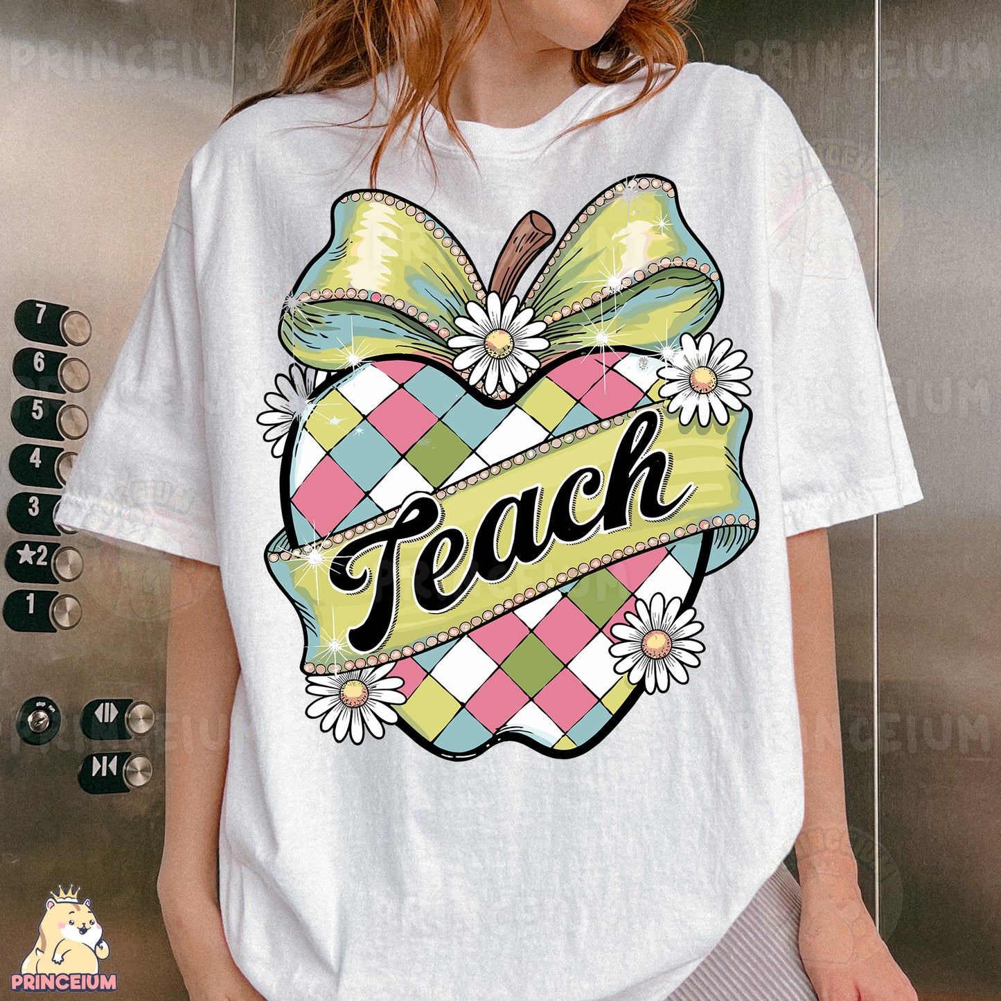 a woman wearing a white t - shirt with a checkered heart and a bow