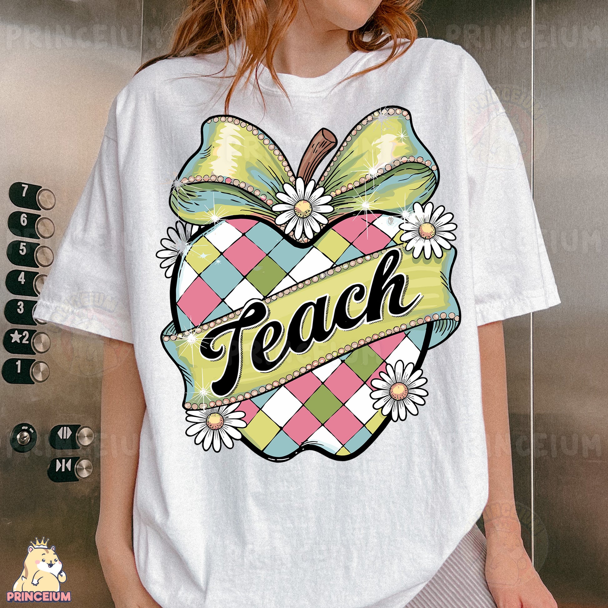 a woman wearing a white t - shirt with a checkered heart and a bow