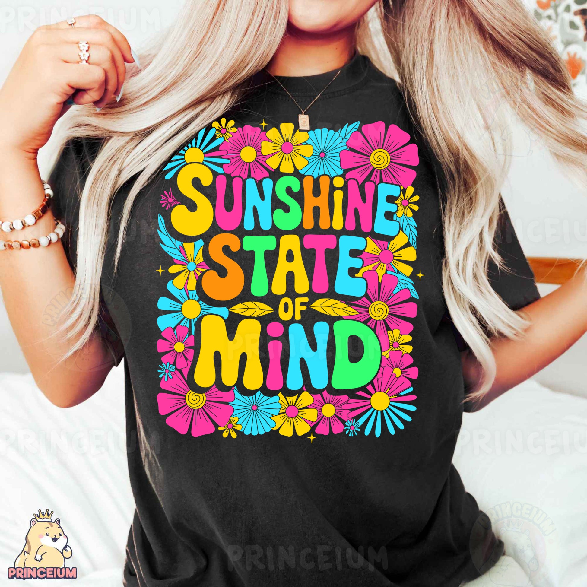 a woman wearing a black shirt that says sunshine state of mind